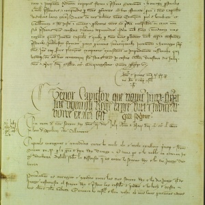 Trattato di pace tra Pietro IV de Aragón e Mariano IV d'Arborea. 1355, luglio, 11, Sanluri. ACA, Cancillería, Registro 1027, fol